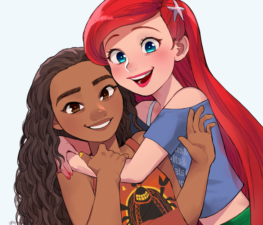 2girls ariel_(disney) arms_around_neck bare_arms bare_shoulders blouse blue_blouse blue_eyes brown_eyes brown_hair clothes_writing curly_hair dark-skinned_female dark_skin eyelashes fingernails hand_on_another's_arm hand_up hug light_blue_background light_blush lips long_hair looking_at_viewer midriff_peek moana_(movie) moana_waialiki multiple_girls off_shoulder open_mouth orange_tank_top pano_(mohayayamai) red_lips red_nails redhead shade side-by-side simple_background smile spaghetti_strap starfish_hair_ornament tank_top teeth the_little_mermaid thick_eyebrows upper_body very_long_hair wreck-it_ralph yellow_nails