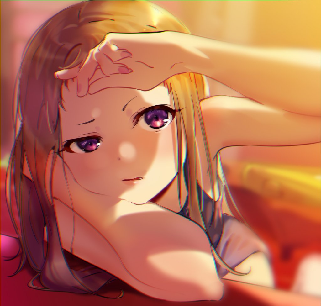 1girl arm_rest bare_arms blurry blurry_background brown_hair chin_rest close-up commentary dot_nose evening face fang fingernails holding holding_hair idolmaster idolmaster_cinderella_girls koseki_reina lips long_hair nail_polish nana_(nana_yume87) parted_lips pink_nails raised_eyebrow school_swimsuit short_bangs short_eyebrows solo straight_hair swimsuit violet_eyes