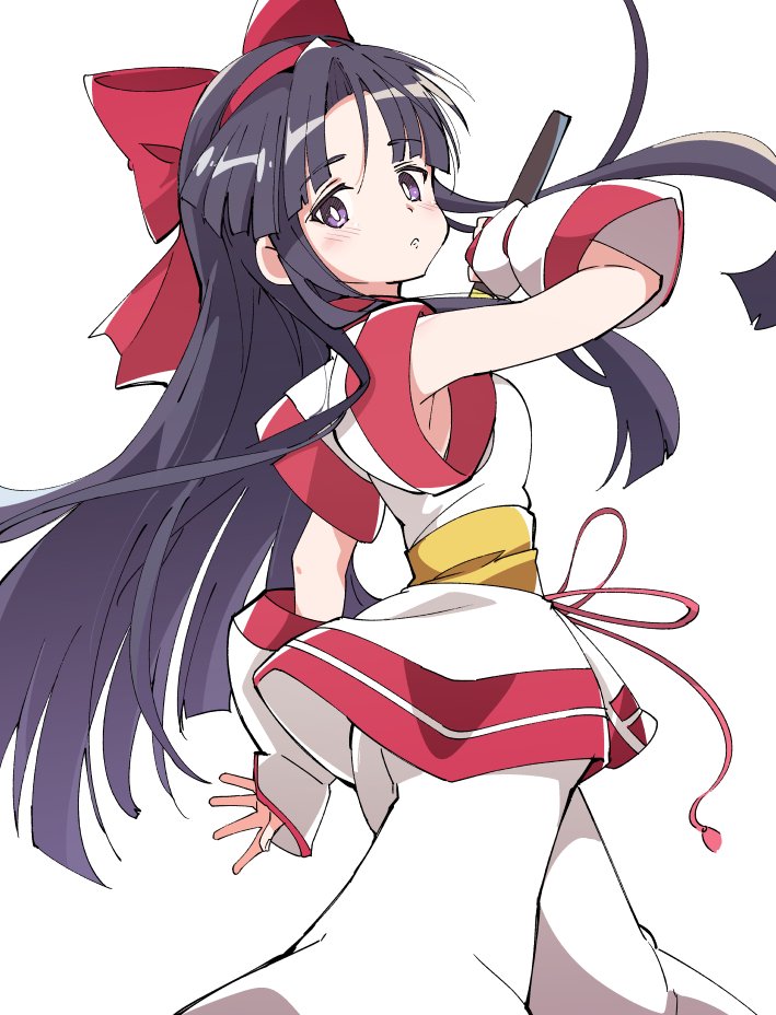 1girl ainu_clothes bangs black_hair blunt_bangs bow closed_mouth eyebrows_visible_through_hair hair_bow ixy long_hair looking_at_viewer nakoruru red_bow reverse_grip samurai_spirits simple_background solo standing violet_eyes white_background