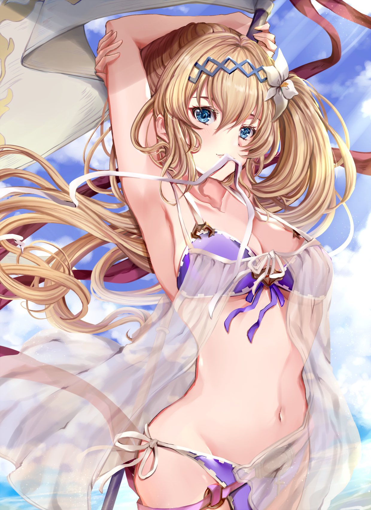 1girl armpits arms_up bangs bare_shoulders bikini blonde_hair blue_eyes blue_sky blush breasts cleavage collarbone cowboy_shot floating_hair flower granblue_fantasy hair_between_eyes hair_flower hair_ornament hairband highres hinahino jeanne_d'arc_(granblue_fantasy) large_breasts long_hair looking_at_viewer medium_breasts navel outdoors purple_bikini see-through sidelocks sky smile solo swimsuit very_long_hair wind