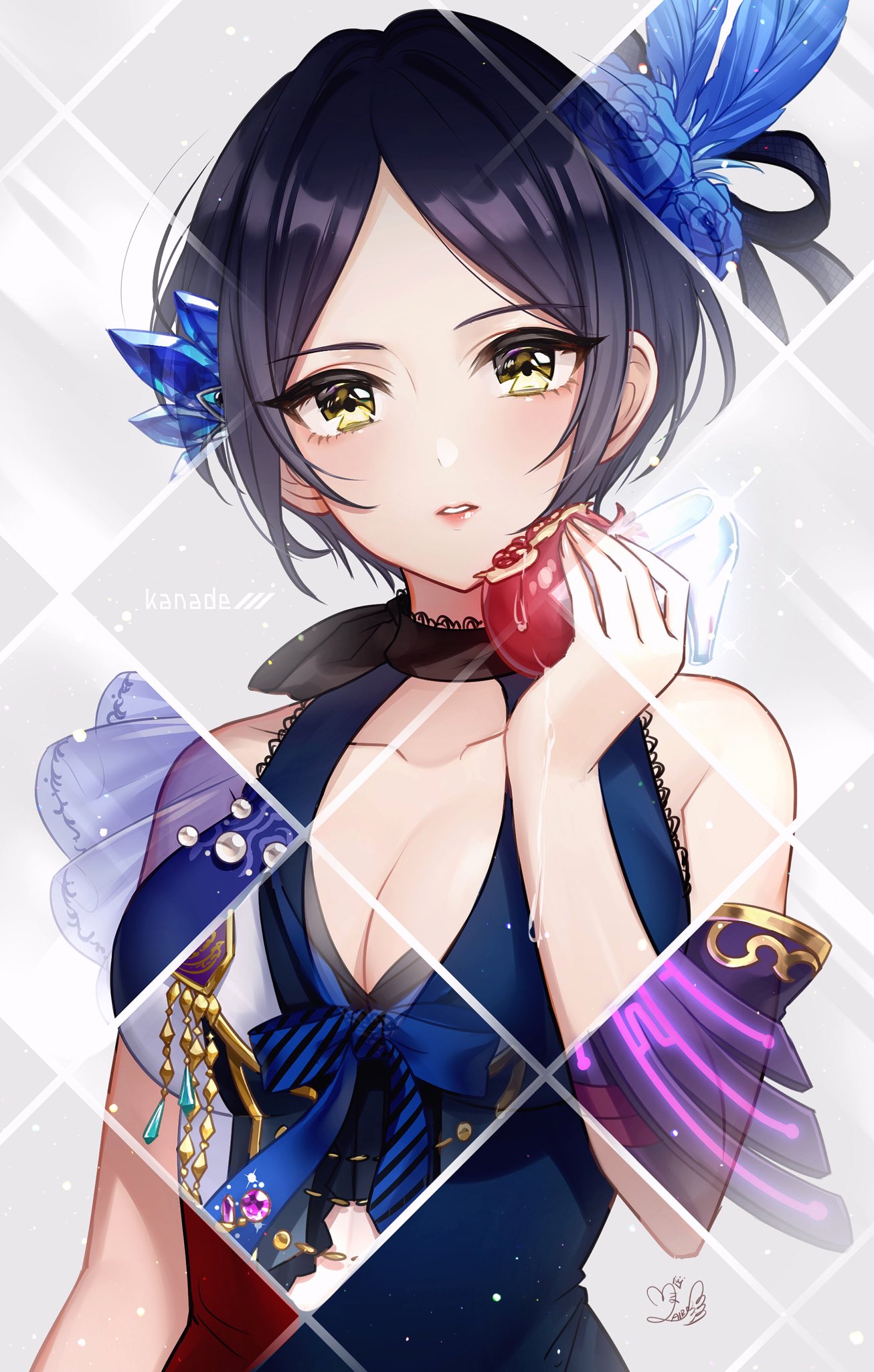 1girl apple bangs bare_shoulders black_hair black_scarf blue_dress blush breasts cleavage collarbone commentary_request crop_top detached_sleeves dress earrings flower food fruit hair_flower hair_ornament hayami_kanade head_tilt highres holding holding_food holding_fruit holding_shoes idolmaster idolmaster_cinderella_girls ilo jewelry looking_at_viewer medium_breasts multicolored multicolored_clothes multicolored_dress multiple_views parted_bangs red_dress scarf shoes short_hair sidelocks signature solo upper_body yellow_eyes