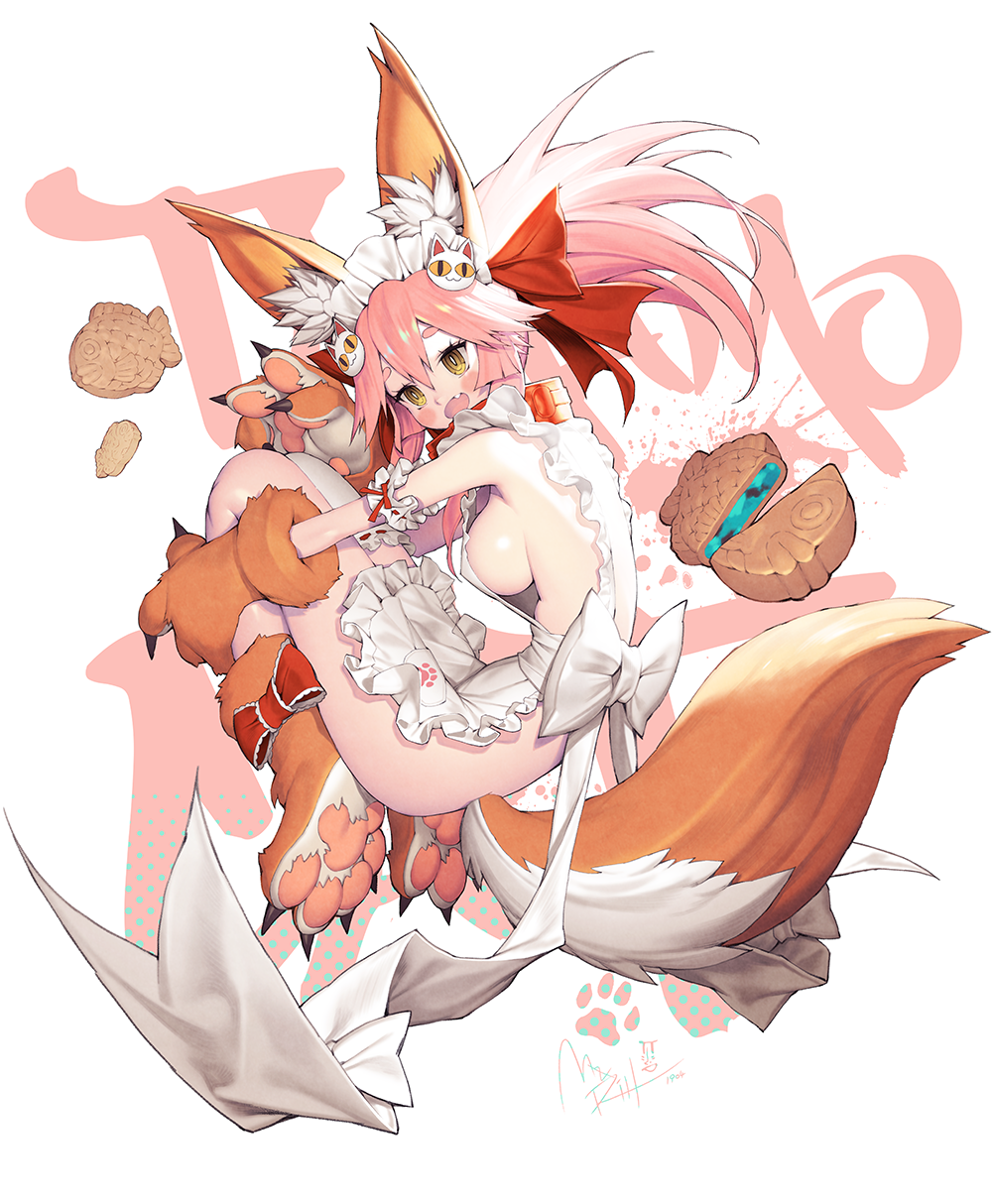 1girl animal_ear_fluff animal_ears apron blush breasts cat_hair_ornament cat_paws collar commentary_request fangs fate/grand_order fate_(series) fetal_position fox_ears fox_girl fox_tail full_body gloves hair_ornament highres large_breasts leg_hug long_hair maid_headdress mandrill naked_apron open_mouth paw_gloves paw_shoes paws pink_hair shoes sideboob solo tail tamamo_(fate)_(all) tamamo_cat_(fate)