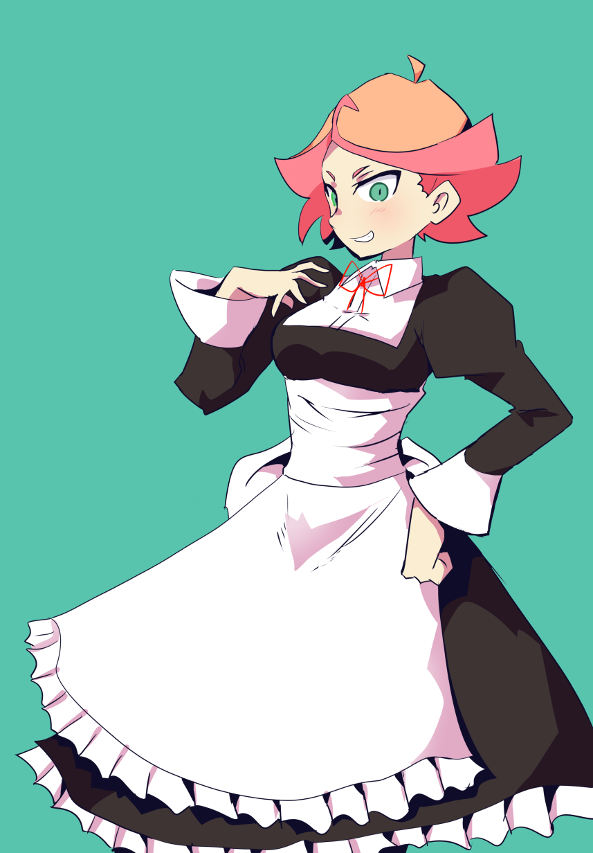 1girl alternate_costume amanda_o'neill apron aqua_background breasts cowboy_shot dress enmaided frilled_apron frills green_eyes hand_on_hip hand_up highres hys-d juliet_sleeves little_witch_academia long_sleeves maid maid_apron medium_breasts multicolored_hair orange_hair parted_lips puffy_sleeves redhead short_hair simple_background smile solo two-tone_hair
