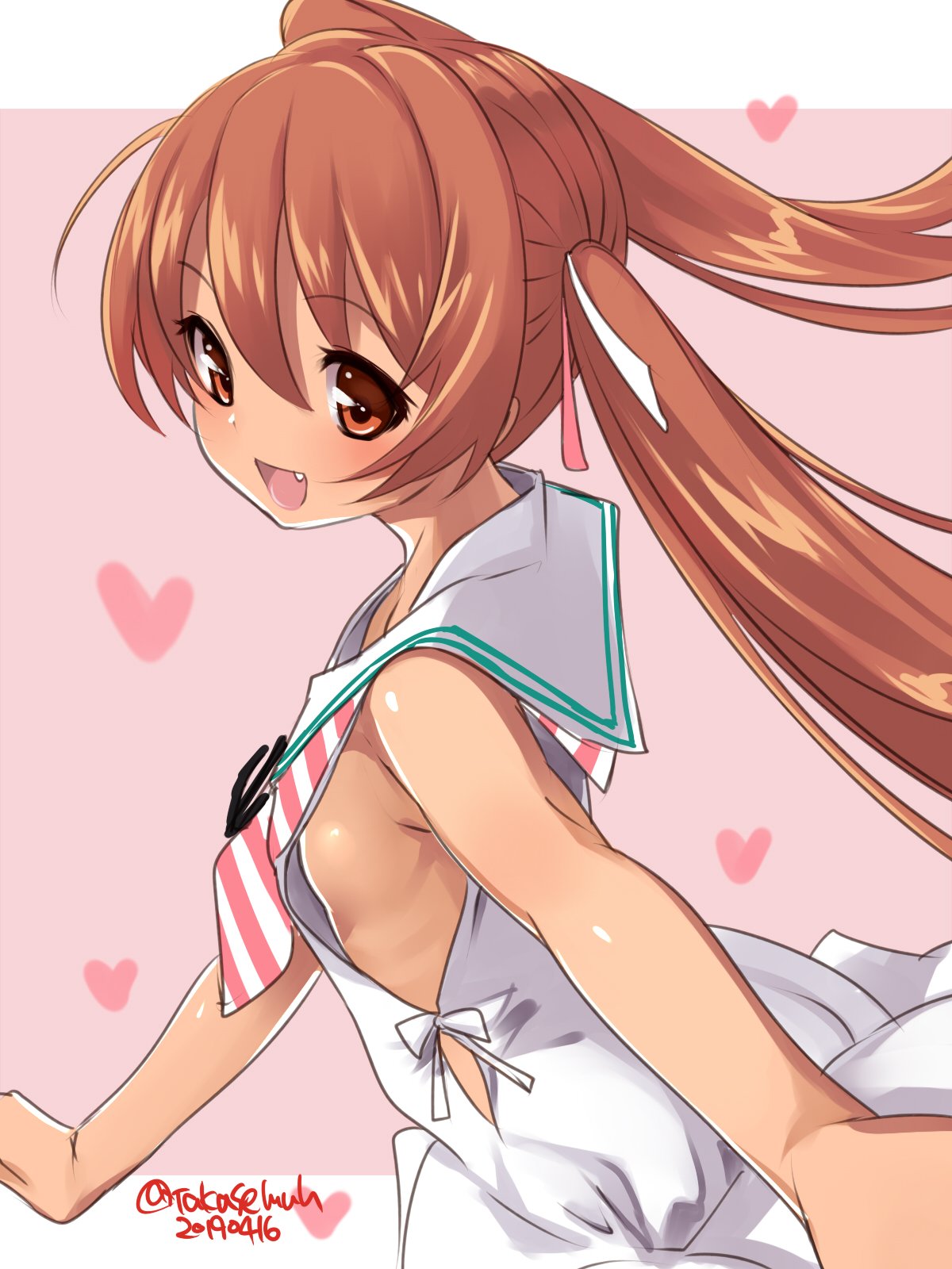 1girl brown_eyes brown_hair commentary_request cowboy_shot dated dress fang heart highres kantai_collection libeccio_(kantai_collection) long_hair looking_at_viewer neckerchief no_bra open_mouth pink_background sailor_dress smile solo striped striped_neckwear takase_muu tan twintails twitter_username two-tone_background white_dress