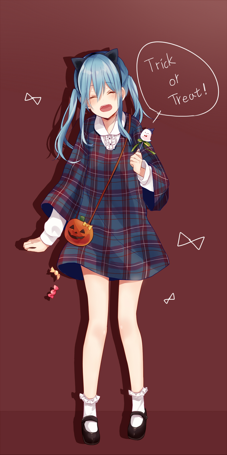 1girl animal_ears black_footwear black_hairband blue_hair cat_ears cheng_(job276) collared_shirt dress eyebrows_visible_through_hair fake_animal_ears frilled_legwear full_body hair_between_eyes hairband halloween halloween_costume hatsune_miku highres holding long_hair long_sleeves mary_janes open_mouth plaid plaid_dress red_background shirt shoes short_dress socks solo standing trick_or_treat twintails vocaloid white_legwear white_shirt