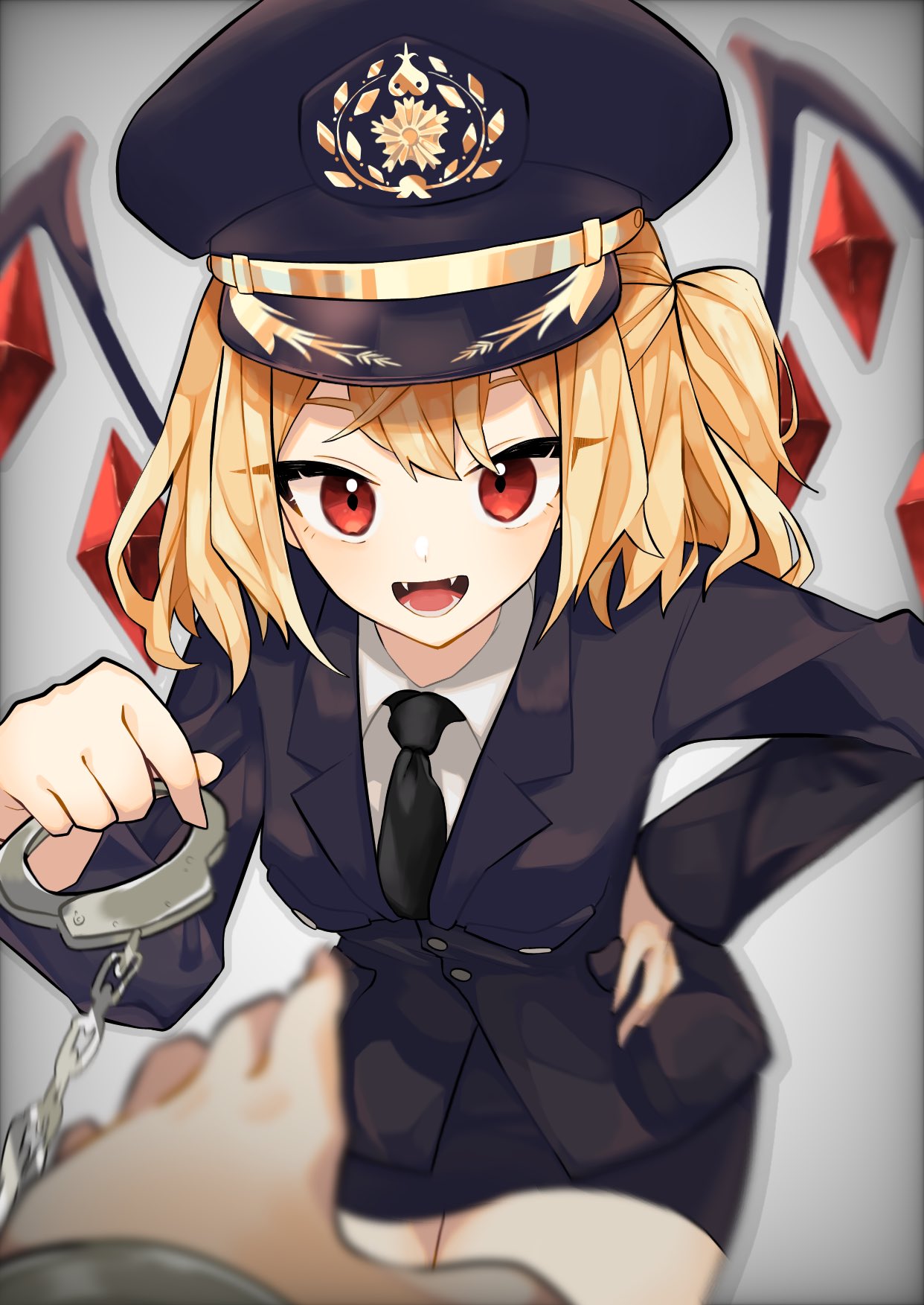 1girl :d alternate_costume bangs black_headwear black_jacket black_neckwear black_skirt blazer blonde_hair breasts commentary_request cowboy_shot crystal cuffs fangs flandre_scarlet gradient gradient_background grey_background hand_on_hip handcuffs hat highres holding jacket leaning_forward long_sleeves looking_at_viewer mi-ko_(meeco35) miniskirt necktie one_side_up open_mouth peaked_cap pencil_skirt pov red_eyes short_hair skirt small_breasts smile solo_focus standing thighs touhou wings