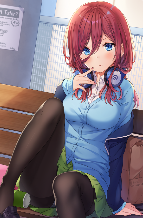 1girl :t arm_support bag bangs bench black_footwear black_legwear blazer blue_cardigan blue_eyes blue_jacket blush breasts brown_hair cardigan closed_mouth collared_shirt commentary dress_shirt english_commentary eyebrows_visible_through_hair fingernails go-toubun_no_hanayome green_skirt hair_between_eyes hand_up head_tilt headphones headphones_around_neck hitsukuya jacket knee_up loafers long_hair long_sleeves looking_at_viewer medium_breasts nail_polish nakano_miku off_shoulder on_bench open_blazer open_clothes open_jacket pantyhose park_bench pleated_skirt pout purple_nails school_uniform shirt shoes sitting skirt sleeves_past_wrists solo wavy_mouth white_shirt