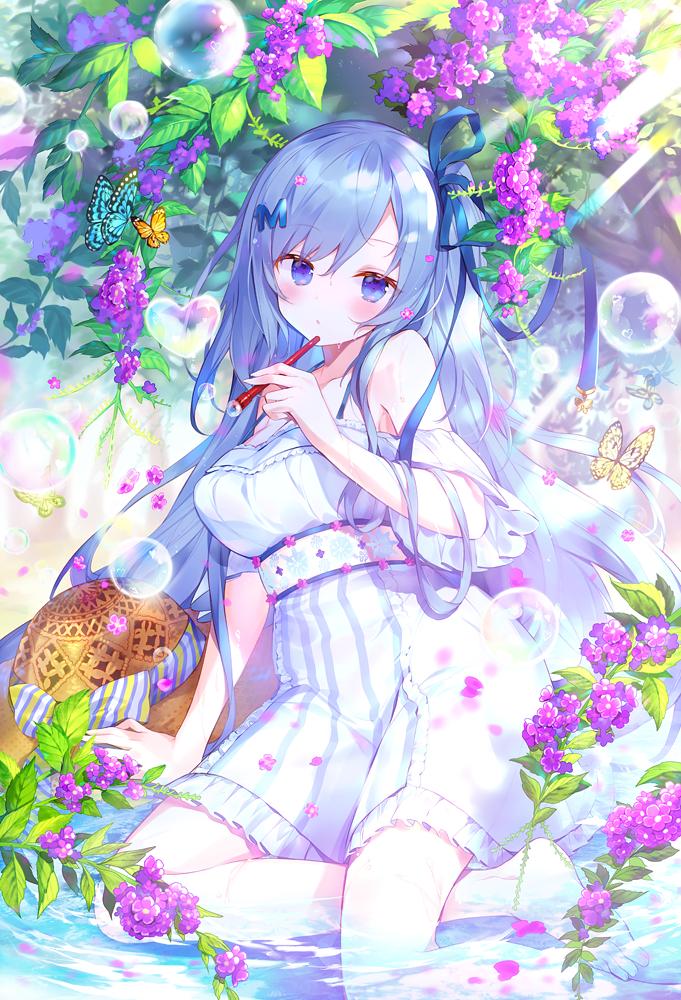 blue_eyes blue_hair blue_ribbon blush breasts bubble_blowing bug butterfly cleavage commentary dress emori_miku emori_miku_project flower frilled_dress frills hair_flower hair_ornament hair_ribbon hat heart ibara_riato insect looking_at_viewer medium_breasts multicolored multicolored_background open_mouth ribbon shiny shiny_clothes shiny_skin short_dress soaking_feet straw_hat striped striped_ribbon tree water wet white_dress