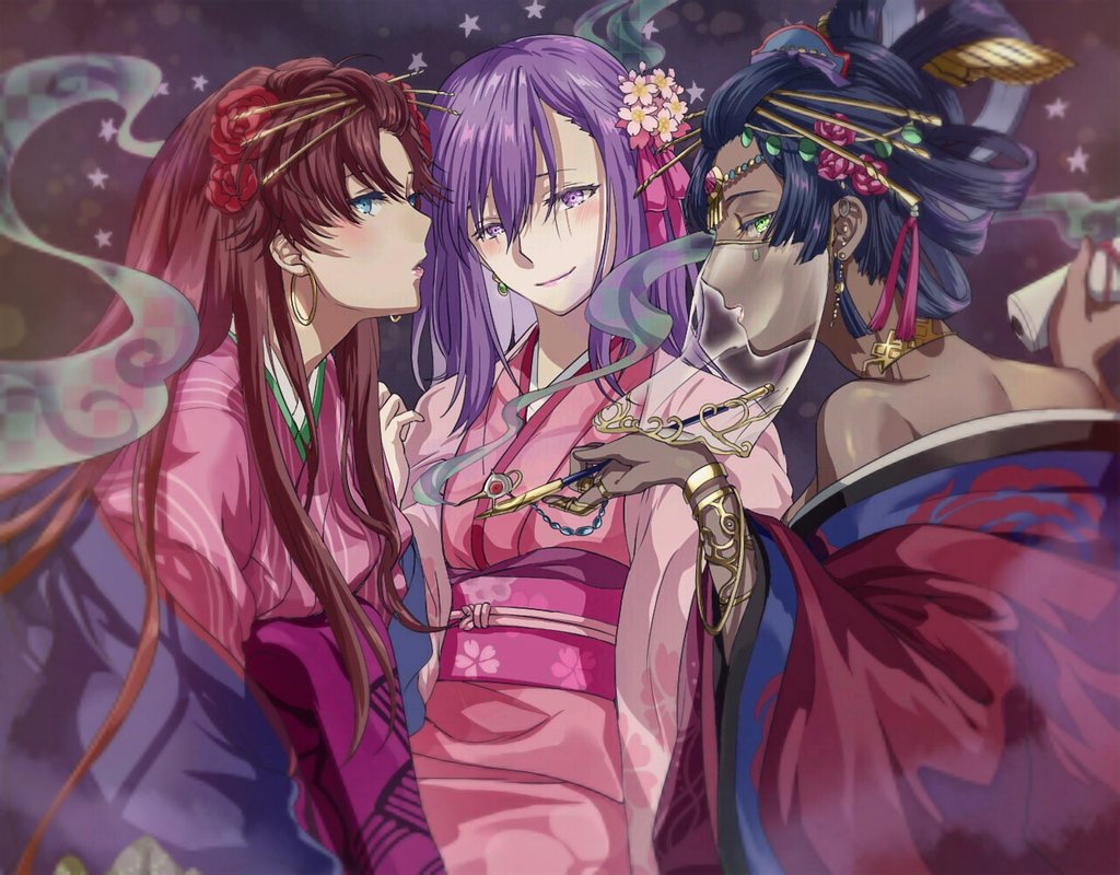 3girls alternate_costume black_hair blue_eyes brown_hair dark_skin earrings fate/grand_order fate_(series) flower green_eyes hair_flower hair_ornament hairpin hoop_earrings japanese_clothes jewelry kimono mata_hari_(fate/grand_order) matou_sakura multiple_girls parvati_(fate/grand_order) pipe purple_hair scheherazade_(fate/grand_order) scroll smoke stardust_(star) veil violet_eyes