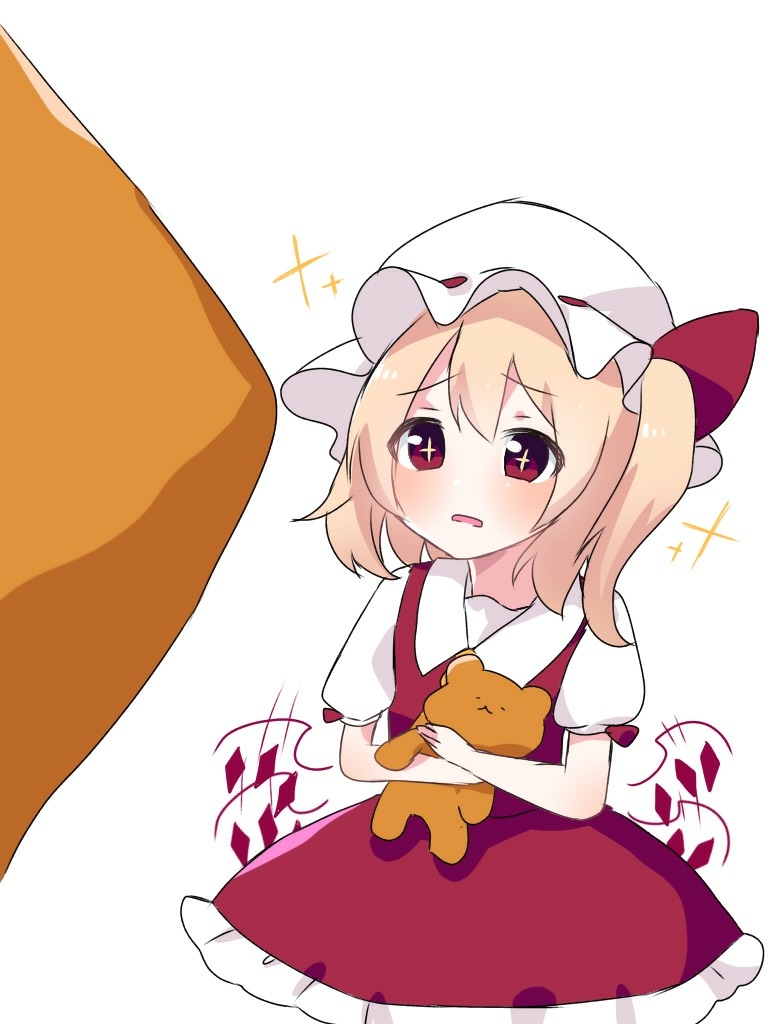 +_+ 1girl bangs blonde_hair blush bow collared_shirt crystal eringi_(rmrafrn) eyebrows_visible_through_hair flandre_scarlet flapping frilled_skirt frills hair_between_eyes hat hat_bow long_hair mob_cap object_hug one_side_up parted_lips puffy_short_sleeves puffy_sleeves red_bow red_eyes red_skirt red_vest shirt short_sleeves simple_background skirt solo stuffed_animal stuffed_toy teddy_bear touhou translation_request vest white_background white_headwear white_shirt wings