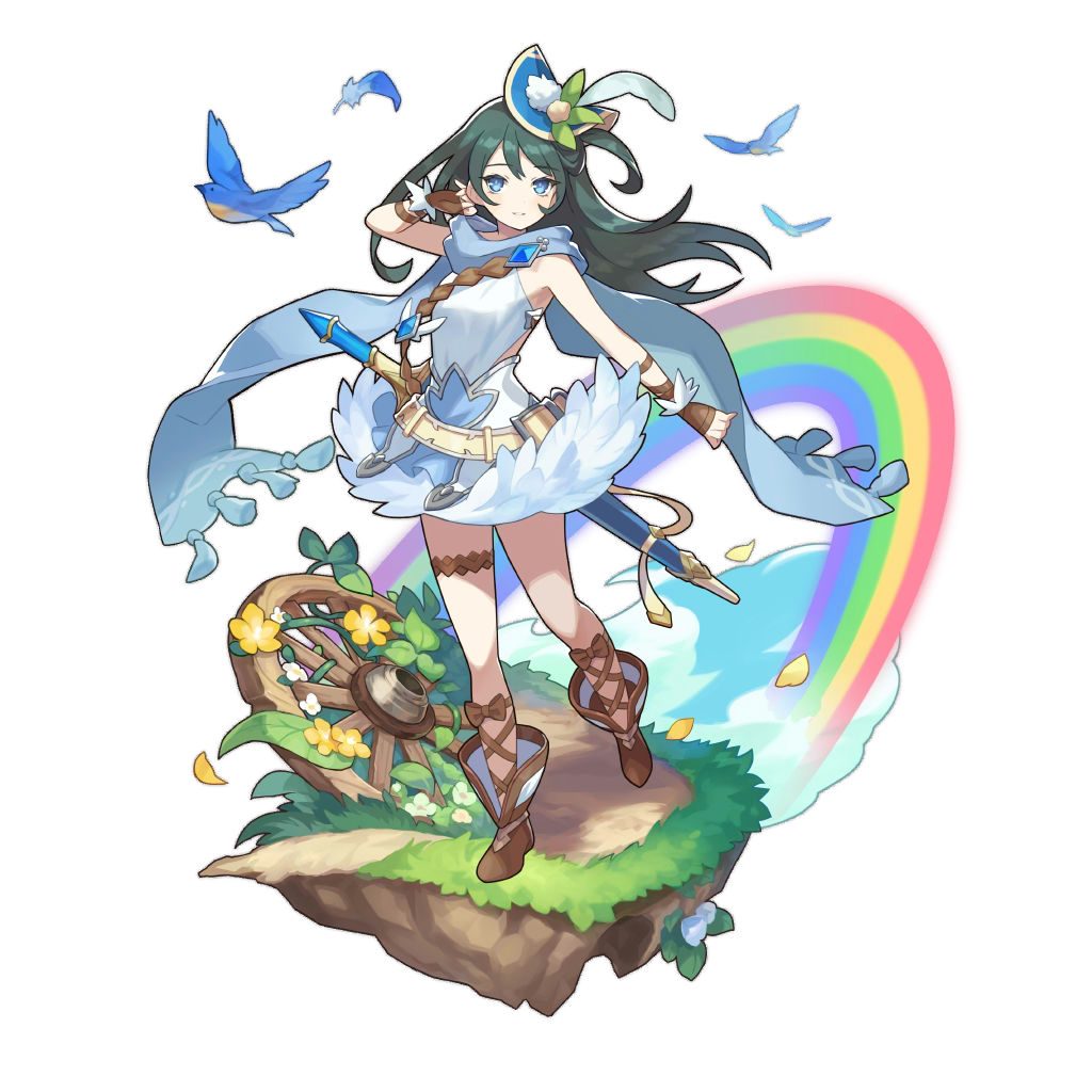 1girl bare_shoulders bird black_hair blue_eyes blue_headwear breasts dragalia_lost dress long_hair looking_at_viewer nontraditional_miko odetta_(dragalia_lost) official_art rainbow saitou_naoki sleeveless sleeveless_dress smile solo standing sword weapon white_dress