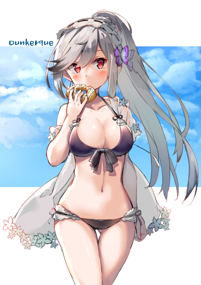 1girl arm_at_side azur_lane bangs bikini blush breasts character_name choker cleavage collarbone commentary doughnut dunkerque_(azur_lane) eip_(pepai) eyebrows_behind_hair eyebrows_visible_through_hair food front-tie_top gluteal_fold grey_hair hair_ornament hairband large_breasts long_hair long_sleeves looking_at_viewer lowleg lowleg_bikini navel open_clothes outdoors outside_border pink_eyes ponytail purple_bikini sidelocks single_bare_shoulder solo standing stomach swept_bangs swimsuit thigh_gap thighs very_long_hair