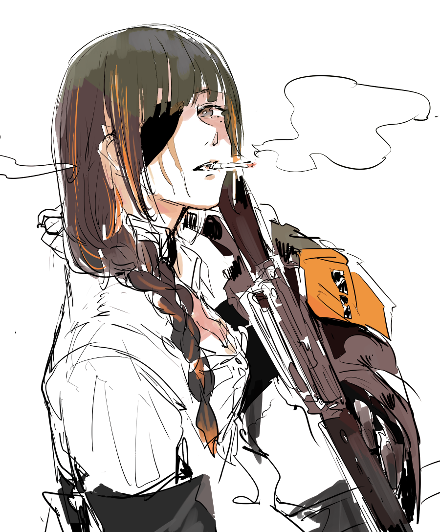 1girl black_eyes black_hair braid cigarette eyepatch girls_frontline gun holding holding_gun holding_weapon long_hair looking_at_viewer m16a1_(girls_frontline) mole mole_under_eye osakana_(denpa_yun'yun) scar simple_background sketch smoking solo weapon white_background