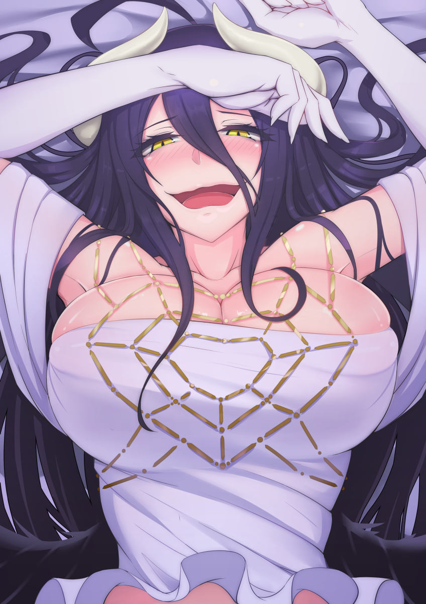 1girl :d ahoge albedo armpits bare_shoulders black_hair blush breasts cleavage collarbone commentary_request demon_girl demon_horns dress gloves hair_between_eyes highres horns large_breasts long_hair looking_at_viewer lying nigane on_back open_mouth overlord_(maruyama) slit_pupils smile solo white_dress white_gloves yellow_eyes