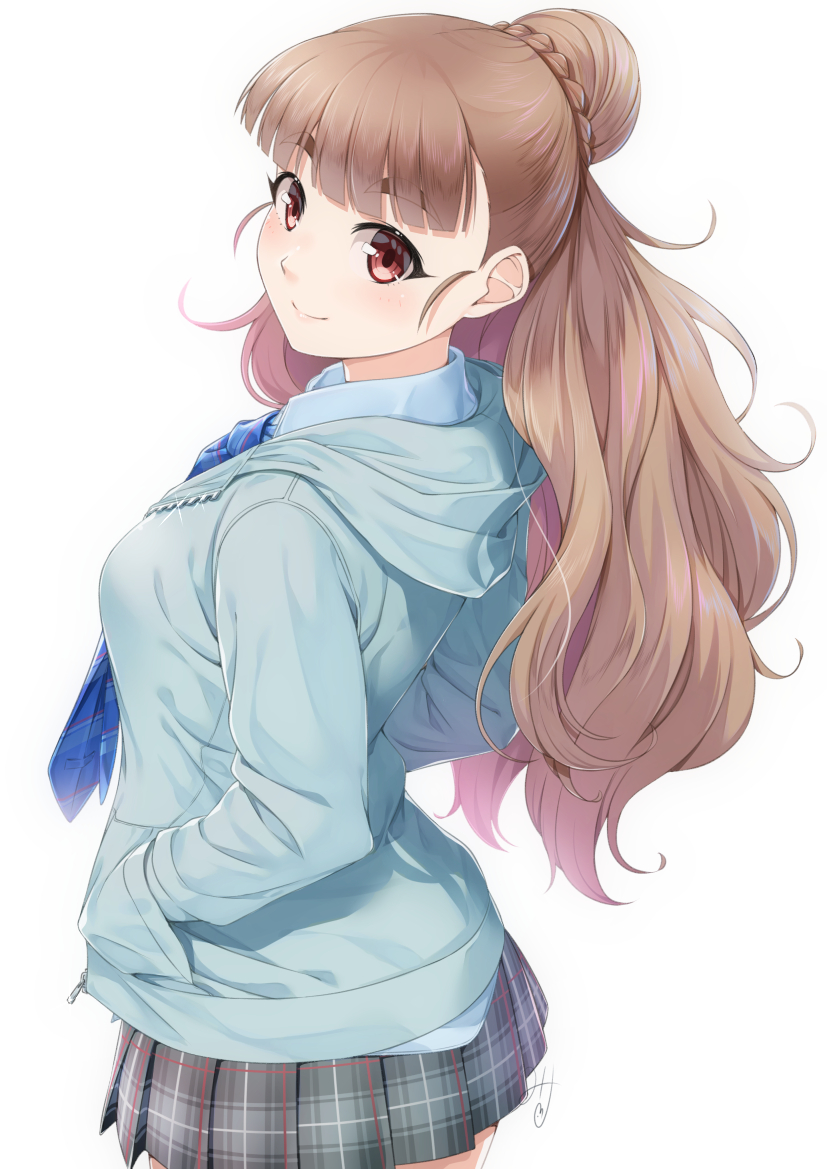 1girl bangs blue_jacket blue_neckwear blue_shirt braid breasts brown_hair closed_mouth collared_shirt commentary_request diagonal-striped_neckwear diagonal_stripes grey_skirt hair_bun hand_in_pocket hood hood_down hooded_jacket idolmaster idolmaster_cinderella_girls jacket kamiya_nao long_hair long_sleeves looking_at_viewer looking_to_the_side miri_(ago550421) necktie plaid plaid_skirt pleated_skirt red_eyes shirt signature simple_background skirt small_breasts smile solo striped striped_neckwear thick_eyebrows very_long_hair white_background