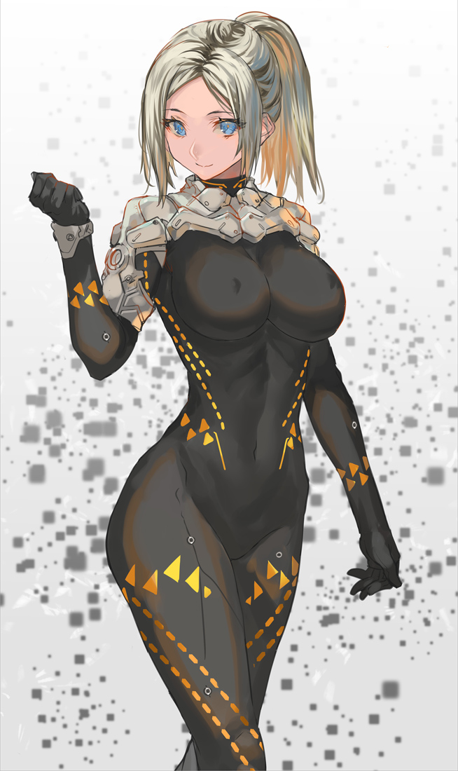 1girl bangs black_bodysuit blonde_hair blue_eyes bodysuit breasts clenched_hand cowboy_shot erect_nipples large_breasts looking_at_viewer original parted_bangs ponytail ran'ou_(tamago_no_kimi) smile