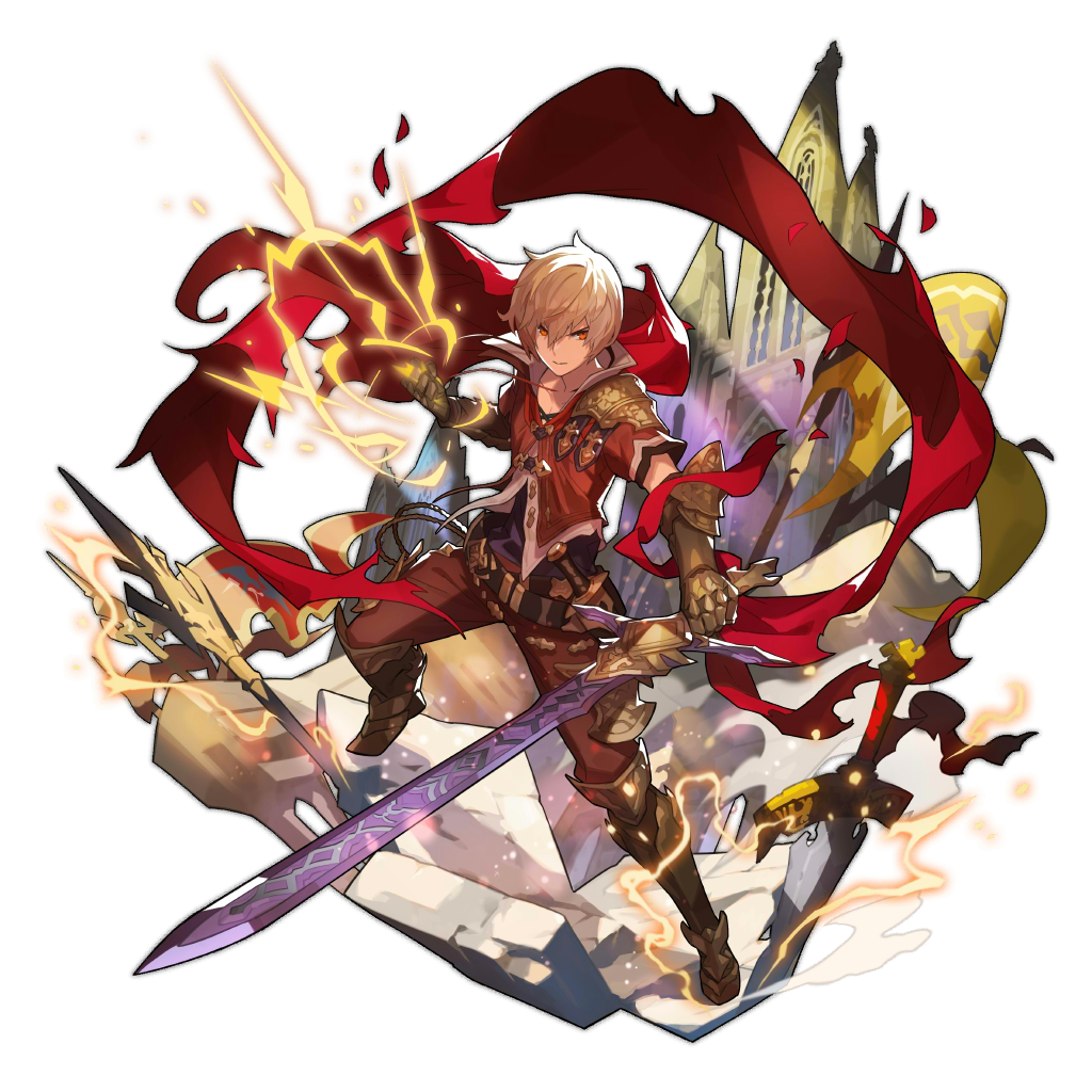 1boy albert_(shingeki_no_bahamut) blonde_hair boots cape clenched_hand dagger dragalia_lost electricity full_body gauntlets holding holding_sword holding_weapon lightning looking_at_viewer male_focus non-web_source official_art red_cape red_eyes saitou_naoki solo standing sword weapon