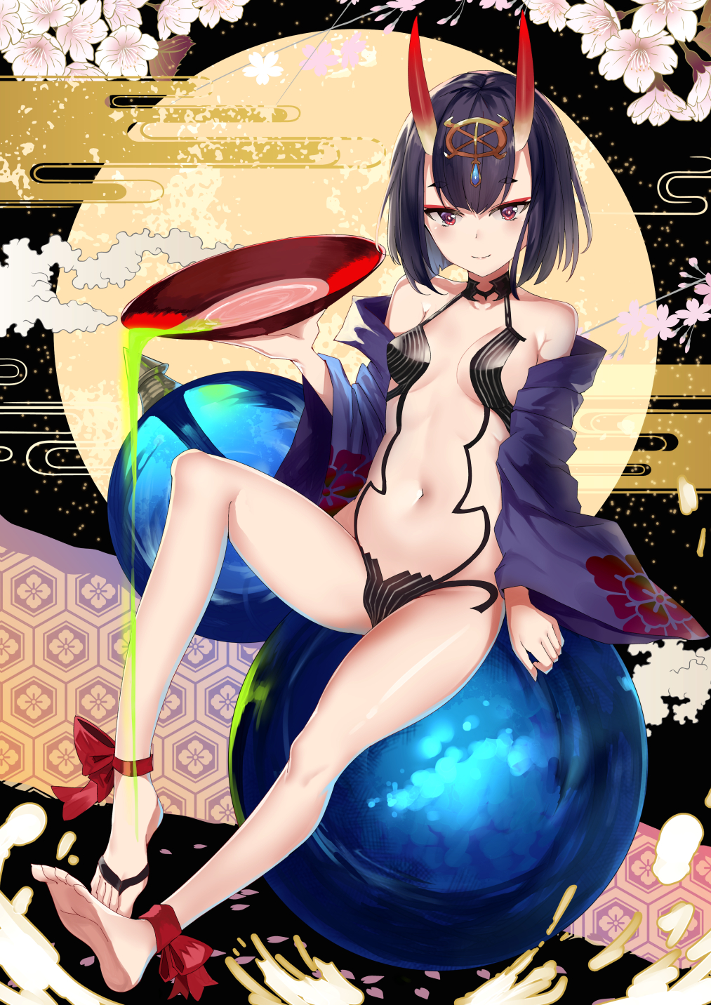 1girl alcohol ankle_ribbon bangs bare_legs bare_shoulders barefoot breasts cherry_blossoms commentary_request cup eyeshadow fate/grand_order fate_(series) floral_print full_body full_moon gourd hand_up headpiece highres holding holding_cup japanese_clothes kimono long_sleeves looking_at_viewer makeup moon navel off_shoulder oni oni_horns open_clothes open_kimono purple_hair purple_kimono red_ribbon revealing_clothes ribbon rinaka_moruchi sakazuki sake short_hair shuten_douji_(fate/grand_order) sitting small_breasts smile solo stomach thighs violet_eyes wide_sleeves