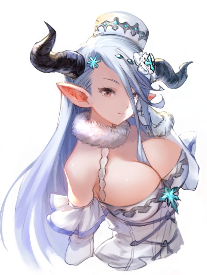 1girl blue_hair breasts cleavage cropped_torso detached_sleeves draph gloves granblue_fantasy hat honyaru_(nanairo39) horns izmir large_breasts pointy_ears red_eyes white_background white_gloves