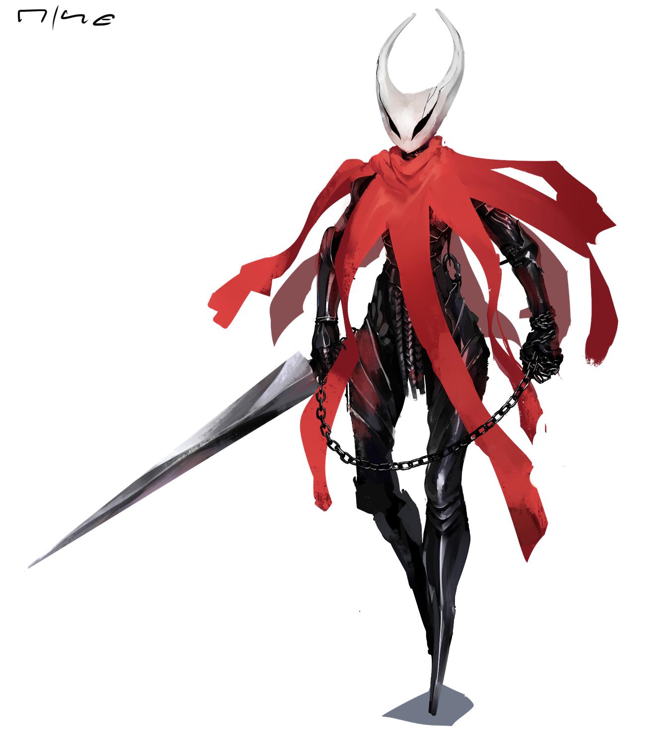 1girl armor black_armor chains clenched_hands cloak commentary english_commentary eye_socket full_armor full_body helmet highres holding holding_weapon hollow_knight horned_helmet hornet_(hollow_knight) humanization nisetanaka realistic red_cloak solo sword weapon white_background