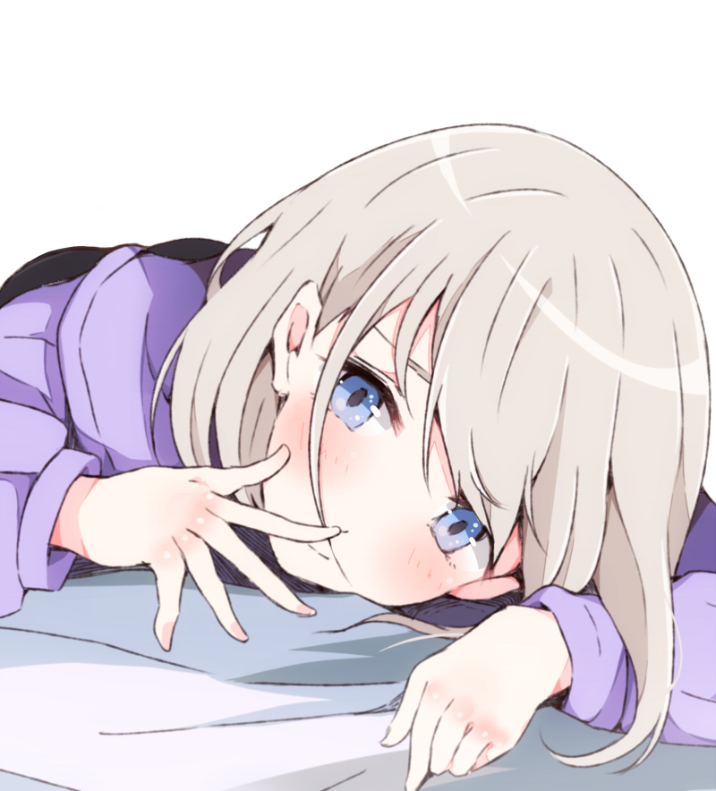 1girl bangs bed_sheet blue_eyes blush closed_mouth enelis eyebrows_behind_hair hair_between_eyes hand_to_own_mouth hand_up head_tilt idolmaster idolmaster_shiny_colors jacket light_brown_hair long_sleeves looking_at_viewer lying on_stomach purple_jacket serizawa_asahi solo white_background