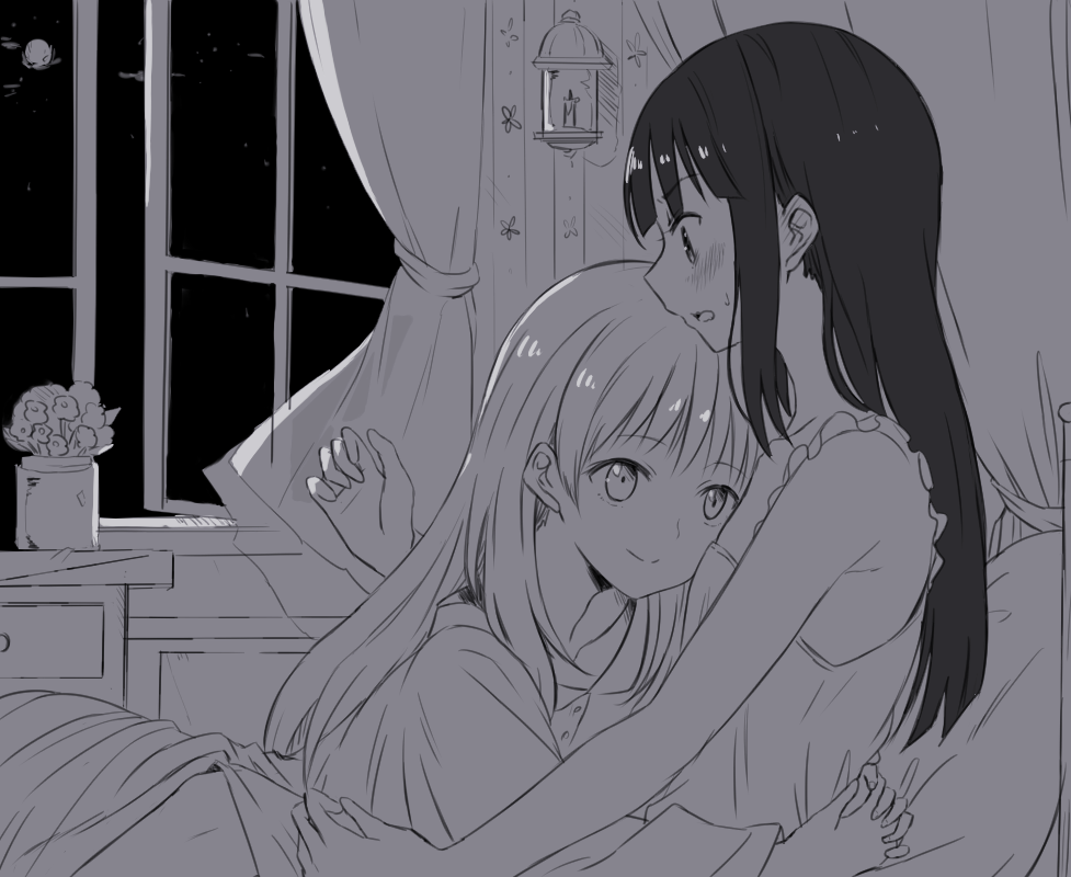 2girls atelier_(series) atelier_totori bed blush commentary_request curtains ear_blush hug maromi_(am97) mimi_houllier_von_schwarzlang monochrome multiple_girls night night_sky on_bed open_mouth sky sleepwear smile totooria_helmold window yuri