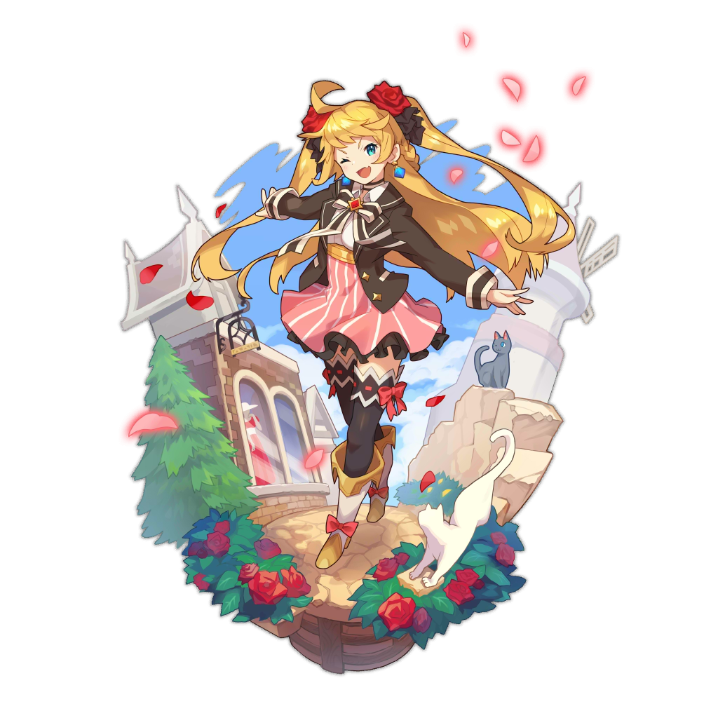 alternate_costume black_cat blonde_hair blue_eyes blue_sky bow bowtie cat dragalia_lost earrings ezelith fang flower jewelry non-web_source official_art one_eye_closed petals rose rose_petals saitou_naoki sky thigh-highs twintails two_side_up white_cat zettai_ryouiki