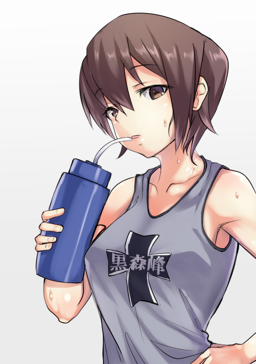 1girl bangs bottle brown_eyes brown_hair collarbone commentary_request drinking emblem eyebrows_visible_through_hair girls_und_panzer grey_background grey_shirt hand_on_hip head_tilt highres holding holding_bottle kuromorimine_(emblem) lips looking_at_viewer nishizumi_maho parted_lips shirt short_hair simple_background solo standing sweat tank_top upper_body water_bottle yamaori_(yamaorimon)