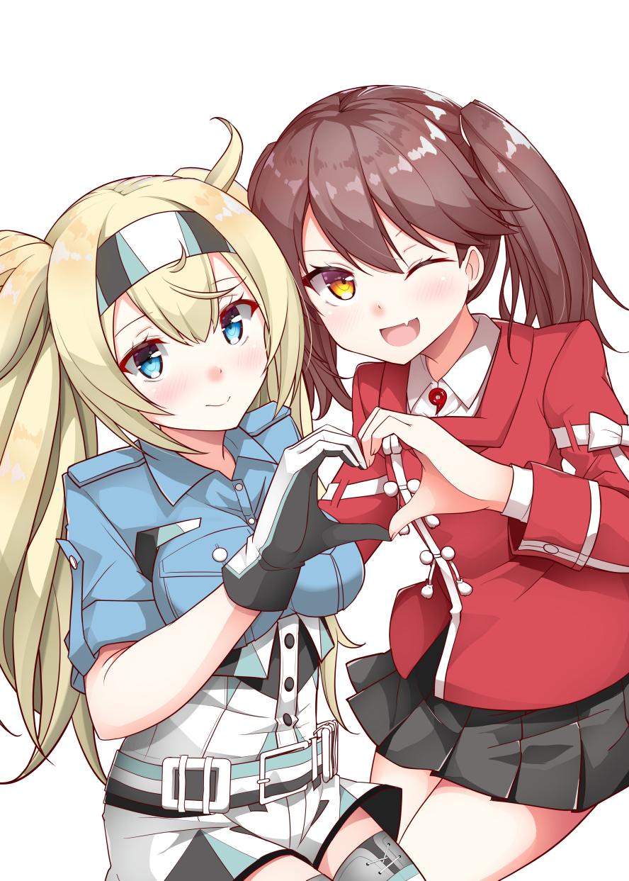 2girls belt black_skirt blonde_hair blue_eyes blue_shirt blush breast_pocket breasts brown_hair collared_shirt commentary_request fang gambier_bay_(kantai_collection) gloves hair_between_eyes hairband heart heart_hands heart_hands_duo highres japanese_clothes kantai_collection kariginu kirigakure_(kirigakure_tantei_jimusho) long_hair magatama medium_breasts miniskirt multiple_girls one_eye_closed pleated_skirt pocket ryuujou_(kantai_collection) shirt short_sleeves shorts skirt smile thigh-highs twintails white_background yellow_eyes