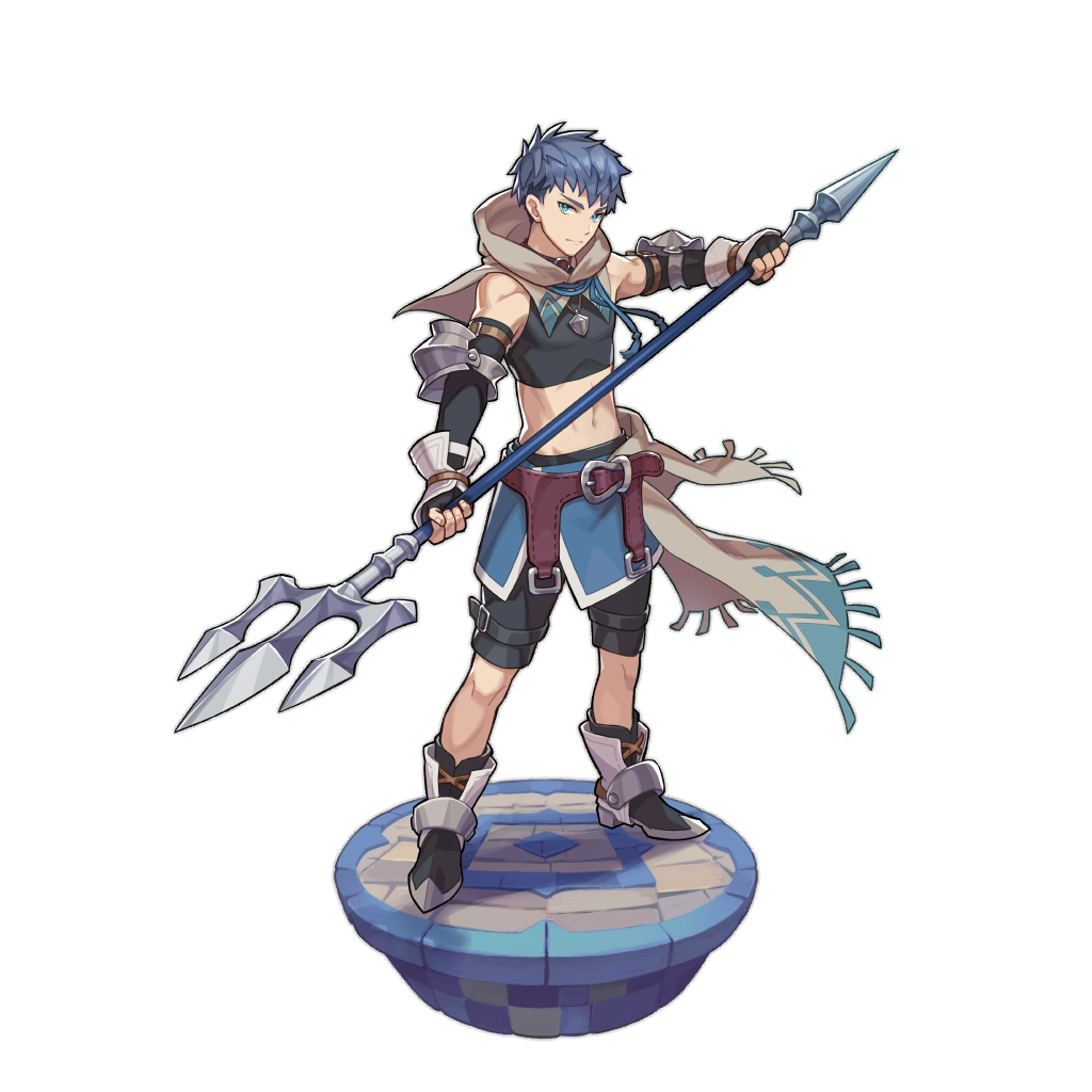 1boy aqua_eyes bare_shoulders belt blue_hair boots dragalia_lost hood jakob_(dragalia_lost) looking_at_viewer male_focus non-web_source official_art polearm saitou_naoki solo standing transparent_background trident weapon
