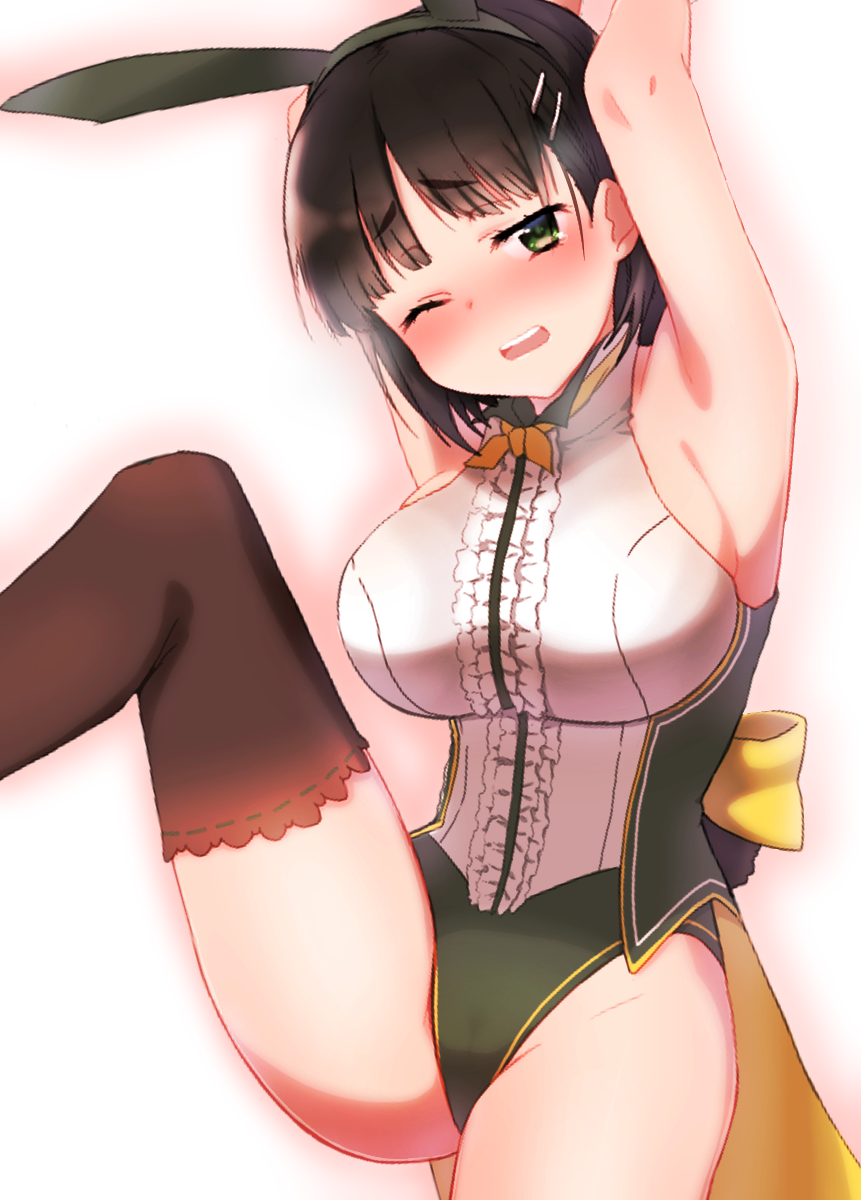 1girl animal_ears armpits black_hair black_legwear blush breasts bunny_girl bunny_hair_ornament bunnysuit commentary_request eyebrows_visible_through_hair green_eyes hair_ornament hairclip highres kirigaya_suguha large_breasts looking_at_viewer one_eye_closed rabbit_ears ribbon sakefish short_hair simple_background solo sword_art_online thigh-highs white_background