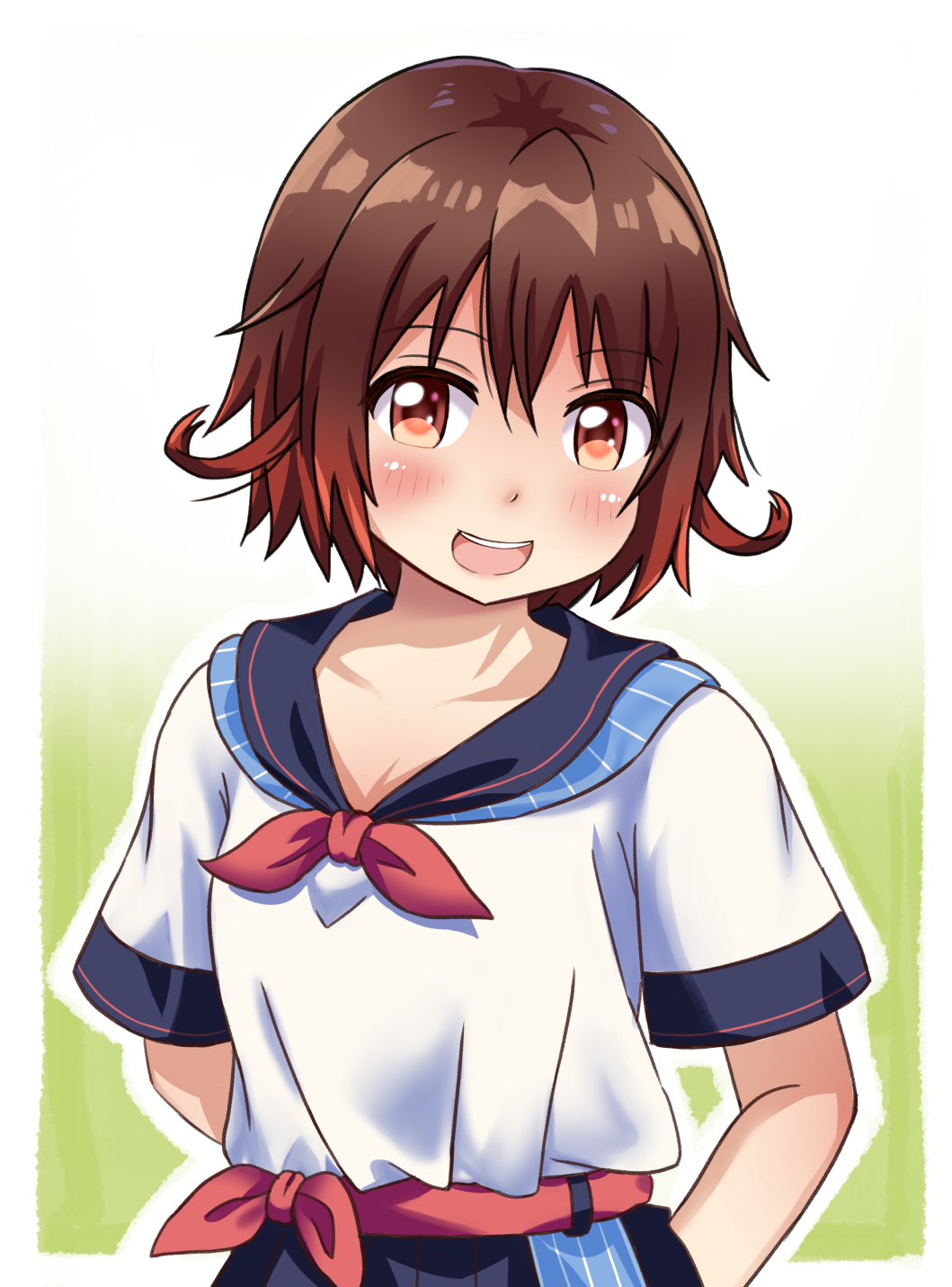 1girl :d alternate_costume arms_behind_back blue_skirt blush border breasts brown_eyes brown_hair collarbone eyebrows_visible_through_hair gradient_hair green_background highres kantai_collection looking_at_viewer multicolored_hair mutsuki_(kantai_collection) neckerchief open_mouth red_neckwear sailor_collar sailor_shirt sash shirt short_hair short_sleeves skirt small_breasts smile solo tsukemon upper_body white_border white_shirt