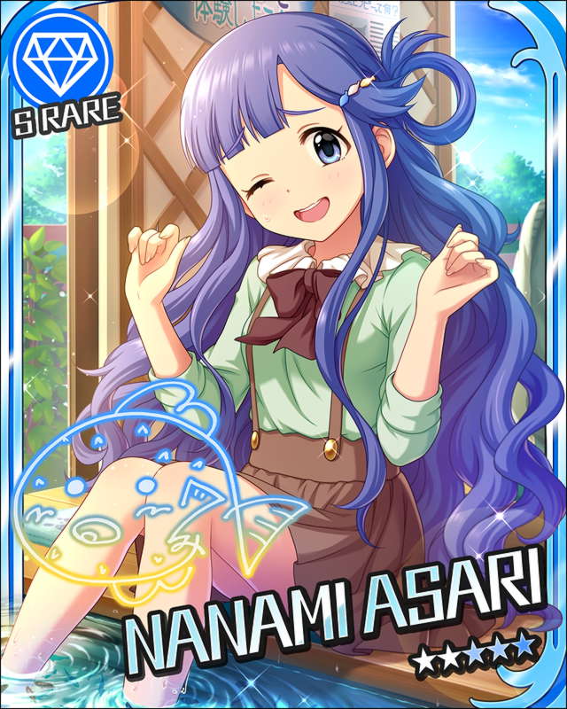 asari_nanami blue_eyes blue_hair blush character_name dress idolmaster idolmaster_cinderella_girls long_hair smile stars wink