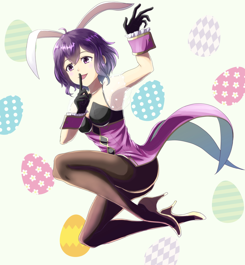 1girl animal_ears black_gloves black_legwear easter_egg egg fire_emblem fire_emblem:_kakusei full_body gloves gzo1206 mark_(female)_(fire_emblem) mark_(fire_emblem) nintendo open_mouth pantyhose purple_hair rabbit_ears see-through short_hair smile solo wrist_cuffs