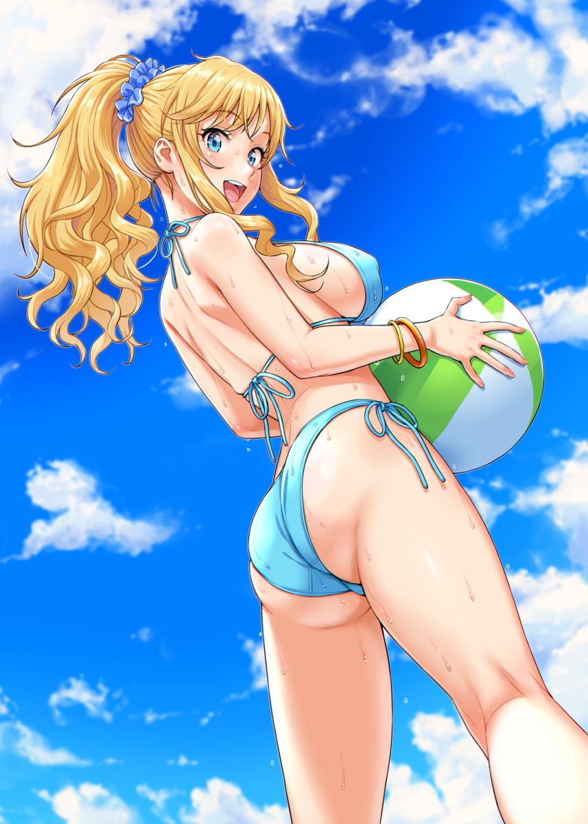 1girl :d ass ball bangle beachball bikini blonde_hair blue_bikini blue_eyes blue_sky bracelet breasts clouds day dutch_angle eyebrows_visible_through_hair hair_ornament hair_scrunchie highres huge_ass idolmaster idolmaster_cinderella_girls jewelry large_breasts long_hair looking_at_viewer nigou ootsuki_yui open_mouth outdoors ponytail scrunchie side-tie_bikini sideboob sky smile solo swimsuit wet