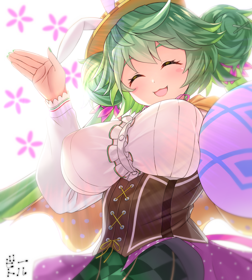 1girl argyle_skirt bettle_(b_s_a_n) blush_stickers breasts closed_eyes corset double_bun easter easter_egg egg facing_viewer fingernails flower_knight_girl from_below green_hair green_nails green_skirt hat large_breasts long_hair nail_polish open_mouth simple_background skirt smile solo twintails upper_body watachorogi_(flower_knight_girl) white_background