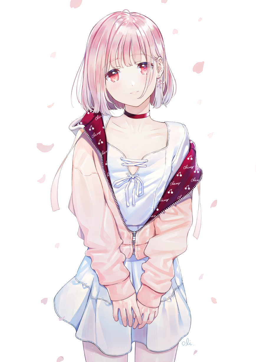 1girl artist_name bob_cut breasts cherry_blossoms cherry_print choker dress earrings food_print highres jewelry long_sleeves looking_at_viewer medium_hair oli original pink_hair red_choker red_eyes small_breasts solo standing white_background white_dress zipper