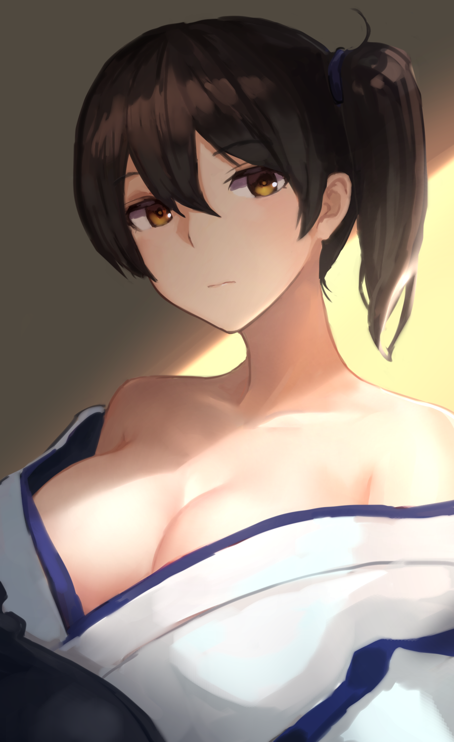 1girl bare_shoulders breasts brown_eyes brown_hair cleavage closed_mouth collarbone expressionless eyebrows_visible_through_hair hair_between_eyes highres japanese_clothes kaga_(kantai_collection) kantai_collection kimono large_breasts light looking_at_viewer muneate off_shoulder open_clothes open_kimono shadow short_hair side_ponytail solo upper_body weasel_(close-to-the-edge) white_kimono