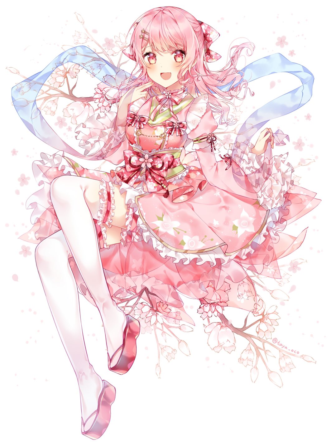 1girl bang_dream! bangs blush commentary dress eyebrows_visible_through_hair flower frills full_body hair_ornament hairclip highres looking_at_viewer maruyama_aya open_mouth pink_eyes pink_hair sidelocks smile solo taya_5323203 twitter_username white_background