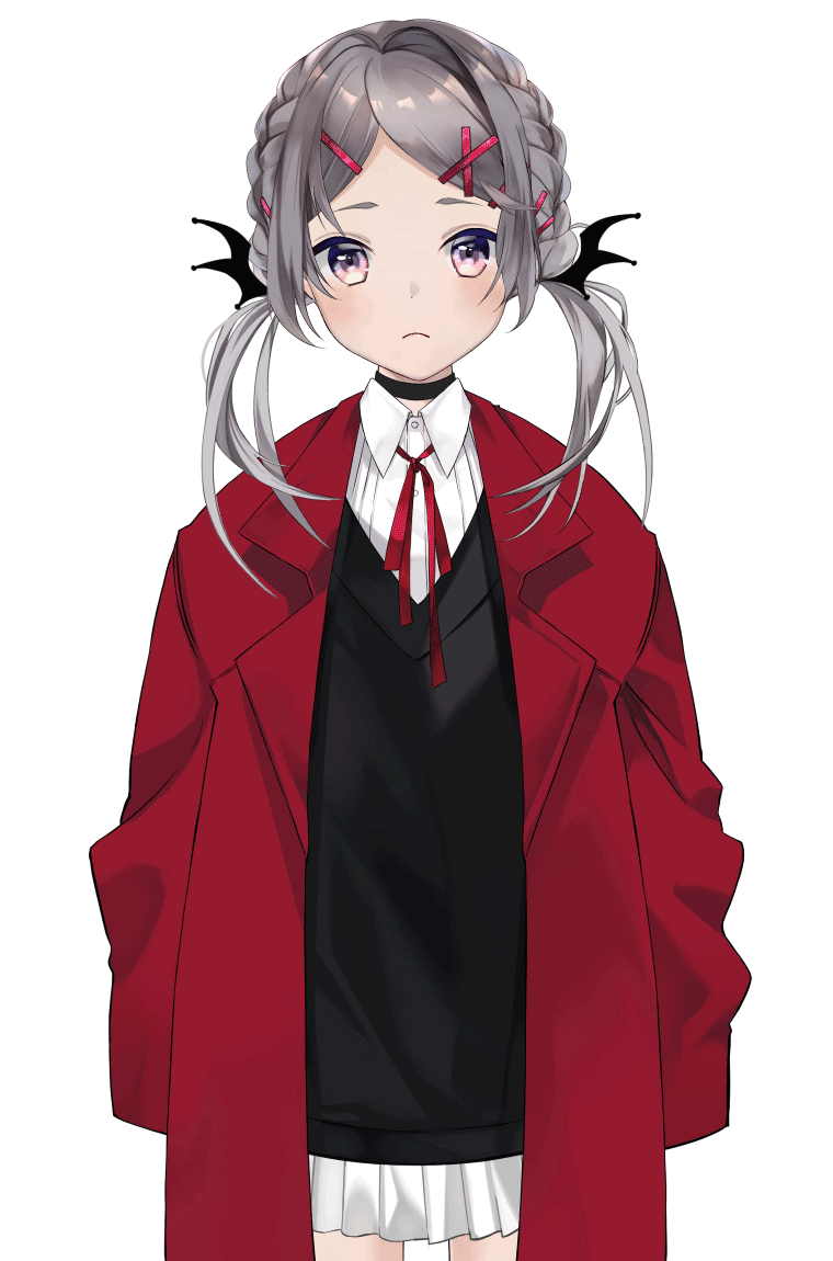 1girl asano_(tomoli_t) braid frown grey_hair hair_ornament hairclip jacket looking_at_viewer medium_hair original pink_eyes red_jacket simple_background skirt sleeves_past_fingers sleeves_past_wrists standing twintails white_background white_skirt