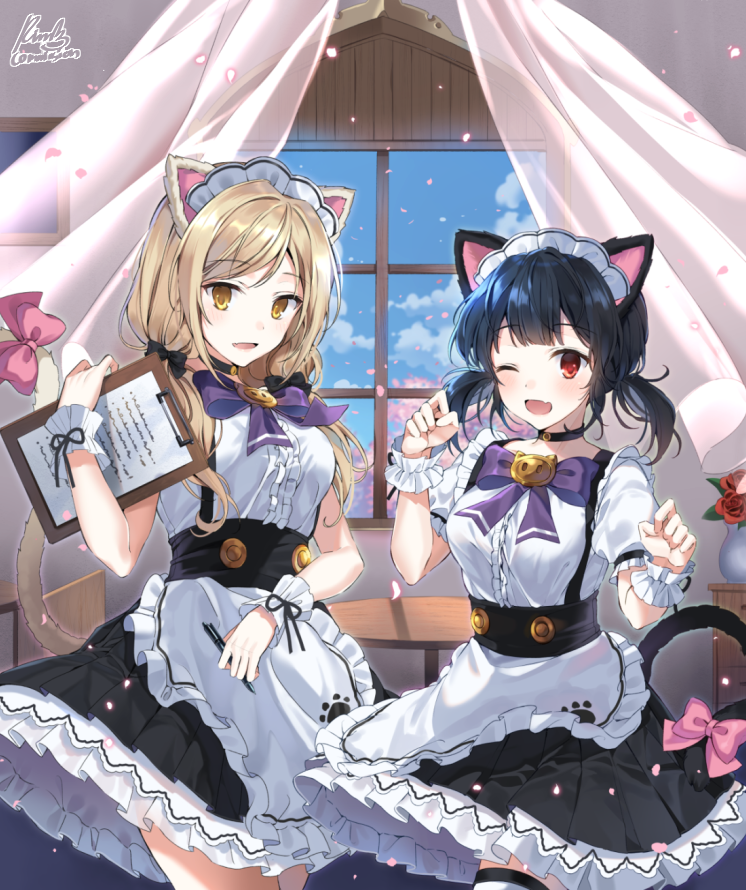 2girls ;d animal_ears apron bangs black_hair black_skirt blue_sky blush bow breasts brown_eyes cat_ears cat_girl cat_tail center_frills chair clouds commission curtains day eyebrows_visible_through_hair fang flower frilled_apron frilled_skirt frills holding holding_pencil indoors light_brown_hair long_hair maid_headdress multiple_girls one_eye_closed open_mouth original pencil picture_frame pinb pink_bow pleated_skirt puffy_short_sleeves puffy_sleeves purple_bow red_eyes red_flower red_rose rose shirt short_sleeves signature skirt sky small_breasts smile suspender_skirt suspenders table tail tail_bow tail_raised thigh-highs transparent twintails vase waist_apron waitress white_apron white_legwear white_shirt window wrist_cuffs