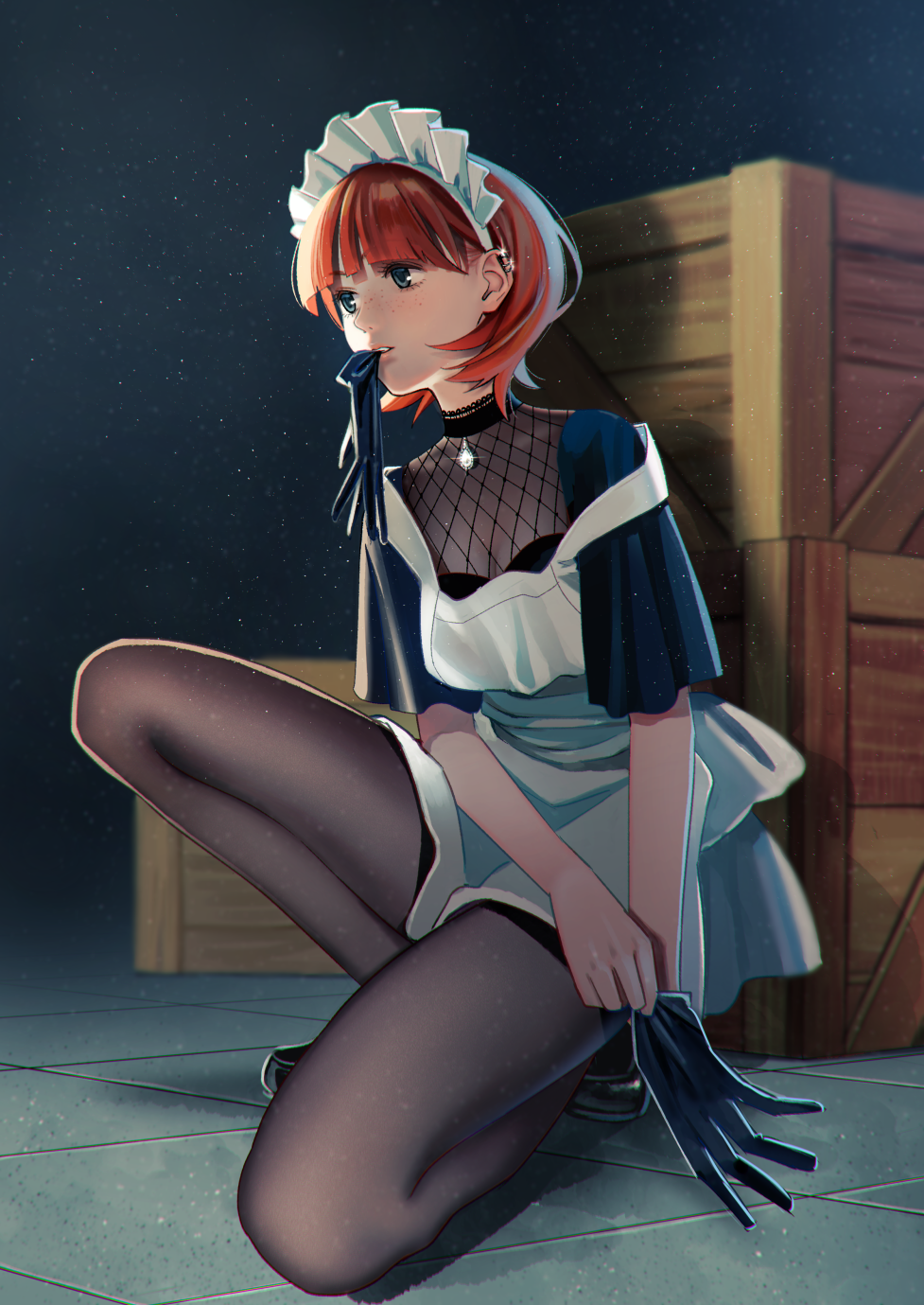 1girl adjusting_clothes adjusting_gloves apron bangs black_footwear black_gloves blunt_bangs brown_legwear crate dark_background ear_piercing freckles full_body gloves highres maid_headdress mouth_hold nashigaya_koyomi original pantyhose piercing redhead short_hair short_sleeves solo sparkle squatting