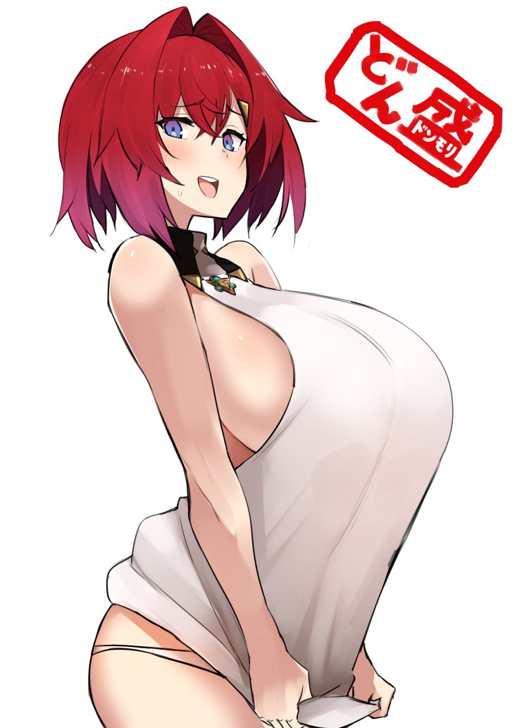 1girl ange_katrina bare_shoulders breasts commentary commentary_request hair_intakes hip_focus huge_breasts looking_at_viewer looking_up nijisanji nuezou open_mouth redhead round_teeth shirt_pull short_hair sideboob simple_background smile solo teeth thighs translated violet_eyes white_background
