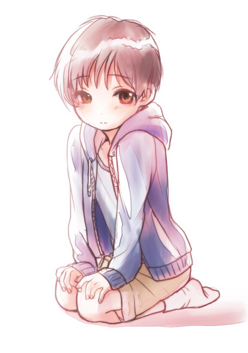 blush brown_eyes brown_hair child highres kneeling shorts solo tagme unzipped