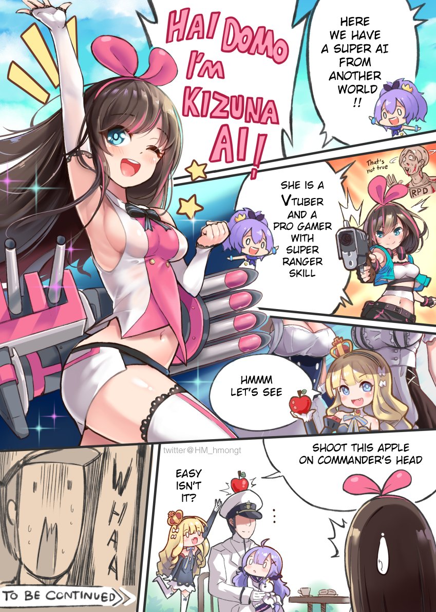 a.i._channel aiming_at_viewer apple apple_on_head azur_lane brown_hair chibi comic commander_(azur_lane) commentary crossover detached_sleeves english_commentary english_text food food_on_head fruit gun hairband handgun javelin_(azur_lane) kizuna_ai leon_s_kennedy long_hair machinery object_on_head one_eye_closed open_mouth phandit_thirathon pink_hairband pistol queen_elizabeth_(azur_lane) resident_evil resident_evil_2 shirt shorts sitting sitting_on_lap sitting_on_person sleeveless sleeveless_shirt smile stuffed_alicorn to_be_continued unicorn_(azur_lane) virtual_youtuber weapon