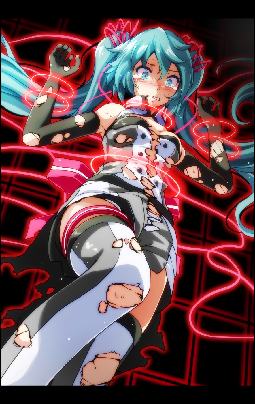 1girl aqua_eyes aqua_hair armpits arms_up bare_shoulders bdsm black_gloves blush bondage bound bound_arms breasts breasts_apart burnt_clothes clenched_teeth elbow_gloves from_below gloves grey_shorts hair_ribbon hatsune_miku high_collar highres knee_up laser long_hair looking_down medium_breasts nijigen_dream_fever_(vocaloid) nose_blush pink_ribbon project_diva_(series) restrained ribbon scared shirt shorts sleeveless sleeveless_shirt solo sweat teeth thigh-highs thigh_strap torn_clothes torn_gloves torn_legwear torn_shirt torn_shorts tsukishiro_saika very_long_hair vocaloid w_arms white_legwear wide-eyed