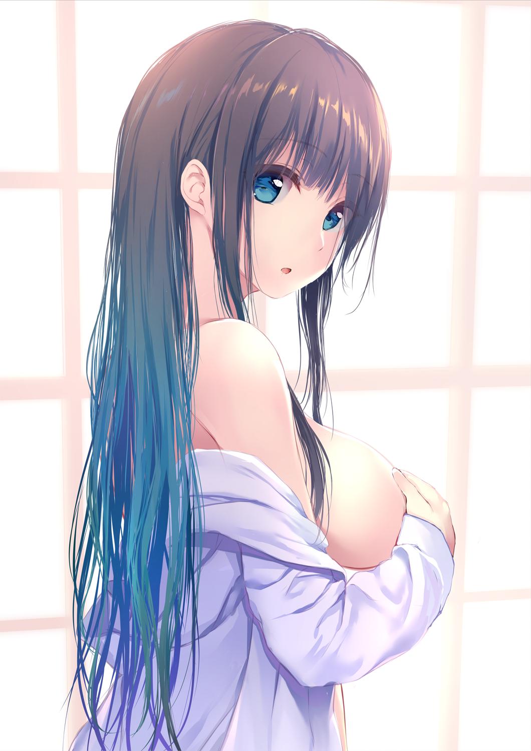 1girl :o bangs bare_shoulders black_hair blue_eyes breasts covering covering_breasts from_side highres large_breasts long_hair long_sleeves looking_at_viewer looking_to_the_side no_bra off_shoulder original parted_lips pasdar shirt sidelocks solo upper_body white_shirt