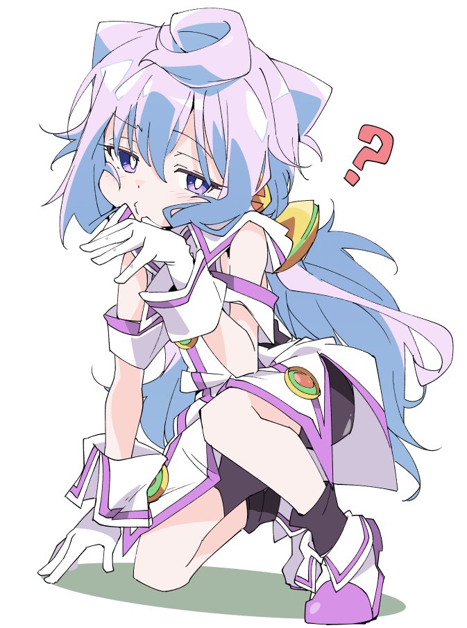 1boy ? bike_shorts blue_hair boots eyebrows_visible_through_hair gloves hacka_doll hacka_doll_3 ixy kneeling long_hair looking_at_viewer male_focus pout simple_background socks solo trap violet_eyes white_background white_gloves