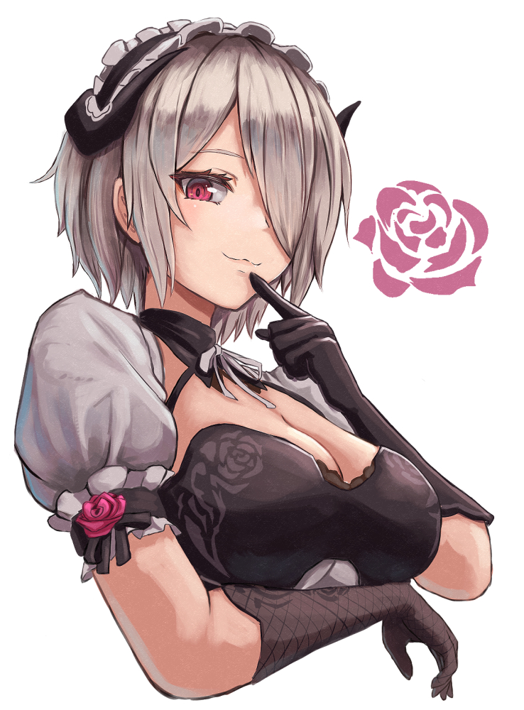 1girl :3 black_gloves breast_hold breasts cleavage closed_mouth commentary_request cropped_torso elbow_gloves finger_to_mouth floral_print frills gloves grey_hair grey_neckwear grey_ribbon hair_over_one_eye honkai_(series) honkai_impact_3 index_finger_raised large_breasts looking_at_viewer maid maid_headdress moppo neck_ribbon pink_eyes puffy_short_sleeves puffy_sleeves ribbon rita_rossweisse rose_print short_hair short_sleeves simple_background smile solo upper_body white_background