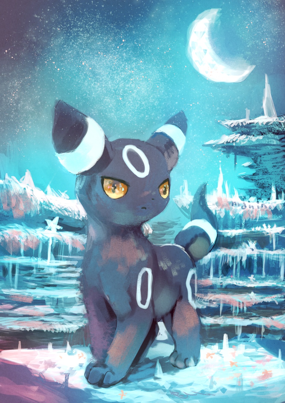 alternate_color commentary_request creatures_(company) crescent_moon game_freak gen_2_pokemon highres manino_(mofuritaionaka) moon night night_sky nintendo no_humans pokemon pokemon_(creature) shiny_pokemon sky solo star_(sky) starry_sky umbreon